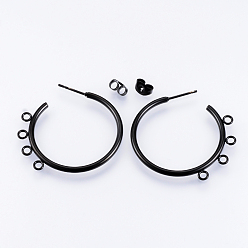 Black Vacuum Plating 304 Stainless Steel Stud Earring Findings, Half Hoop Earrings, with Loop, Black, 32x33.5x2mm, Hole: 2mm, Pin: 0.8mm