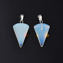 Opalite Cone/Spike/Pendulum Opalite Stone Pendants, with Platinum Plated Iron Findings, 25~27x14x14mm, Hole: 6x3mm