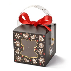 Christmas Bell Christmas Folding Gift Boxes, with Transparent Window and Ribbon, Gift Wrapping Bags, for Presents Candies Cookies, Christmas Bell Pattern, 9x9x15cm