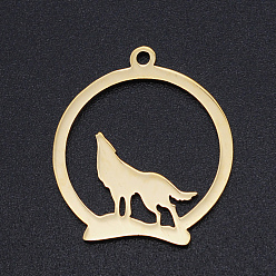 Golden 201 Stainless Steel Pendants, Ring with Wolf, Golden, 23x20x1mm, Hole: 1.5mm