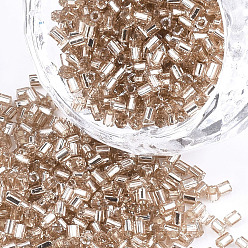 PeachPuff Grade A Glass Seed Beads, Hexagon(Two Cut), Silver Lined, PeachPuff, 1.5~2.5x1.5~2mm, Hole: 0.8mm, about 2100pcs/bag, 450g/bag