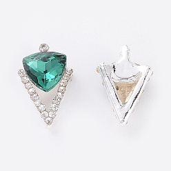 Emerald Alloy Cabochons, Nail Art Decoration Accessories, with K9 Glass Rhinestones, Platinum, Triangle, Emerald, 14x9mm