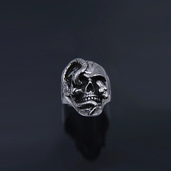 Antique Silver Alloy Skull with Snake Finger Rings, Halloween Chunky Ring for Women, Antique Silver, US Size 8(18.1mm)