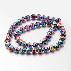 Multi-color Plated Electroplate Non-magnetic Synthetic Hematite Bead Strands, Polygon, Multi-color Plated, 8x8mm, Hole: 1mm, about 51pcs/strand, 15.7 inch
