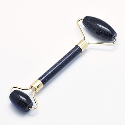 Blue Goldstone Synthetic Blue Goldstone Brass Face Massager, Facial Rollers, Golden, 142~150x54~58x19~22mm