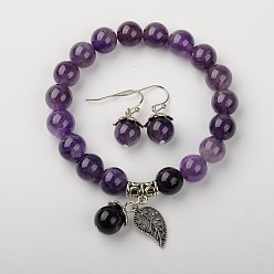 Améthyste Ensembles de bijoux naturels d'améthyste, bracelets et boucles d'oreilles, avec des perles en laiton d'écartement et crochets en laiton, 2 pouce (5.2 cm), 27mm