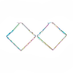 Rainbow Color 304 Stainless Steel Geometric Angular Hoop Earrings, Hypoallergenic Earrings, Rhombus, Rainbow Color, 75x73x2mm, Pin: 1x0.6mm