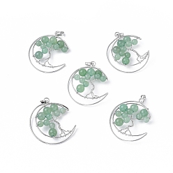 Green Aventurine Natural Green Aventurine Big Pendants, with Platinum Tone Brass Findings, Moon with Tree, 50~53x41~43x8~10mm, Hole: 7x5mm