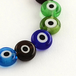 Mixed Color Flat Round Handmade Evil Eye Lampwork Beads, Mixed Color, 7~8x3.5mm, Hole: 1mm, about 48pcs/strand, 14.1 inch