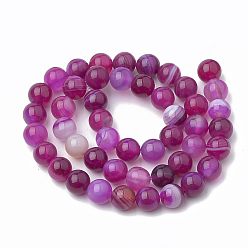 Medium Violet Red Dyed Natural Striped Agate/Banded Agate Round Bead Strands, Medium Violet Red, 10mm, Hole: 1mm, about 38pcs/strand, 14.9 inch
