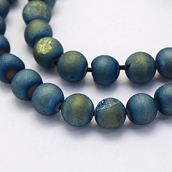 Green Plated Electroplate Natural Druzy Agate Beads Strands, Round, Frosted, Green Plated, 14mm, Hole: 1mm, about 28pcs/strand, 15.7 inch(40cm)