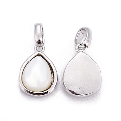 Platinum Natural White Shell Mother of Pearl Shell Charms, with Brass Findings, Teardrop, Platinum, 14.5x10x4.5mm, Hole: 3x4mm