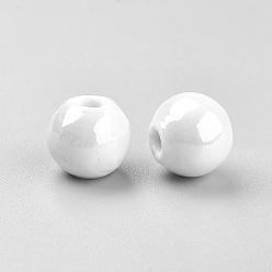 White Handmade Porcelain Beads, Pearlized, Round, White, 12mm, Hole: 2~3mm