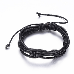 Black Adjustable Braided Cowhide Leather and Waxed Cord Multi-Strand Bracelets, Black, 2-1/8 inch~3-1/8 inch(55~80mm)