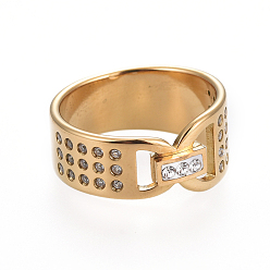 Golden Unisex 304 Stainless Steel Finger Rings, Wide Band Rings, with Crystal Rhinestone, Rectangle, Golden, Size 6~9, 16~19mm
