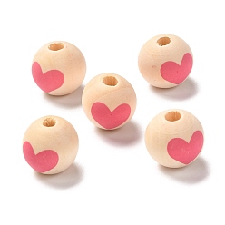 Hot Pink Printed Wood European Beads, Large Hole Beads, Round with Heart Pattern, Hot Pink, 16x15mm, Hole: 4mm