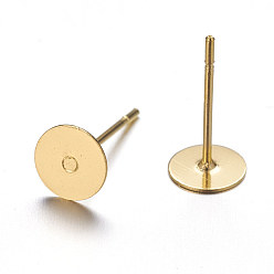 Golden Stud Earring Settings, Lead Free and Cadmium Free, Brass Head and Stainless Steel Pin, Golden, Tray: 6mm, Pin: 12mm