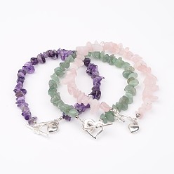 Mixed Stone Natural Chip Gemstone Beaded Anklets, with Alloy Bar & Ring Toggle Clasps, 230mm