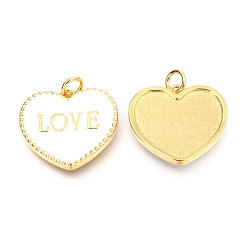 White Brass Enamel Pendants, Long-Lasting Plated, Real 18K Gold Plated, with Jump Rings, for Valentine's Day, Heart with Word LOVE, White, 17.5x20x2.5mm, Hole: 3mm