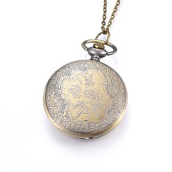 Antique Bronze Alloy Pendant Necklace Quartz Pocket Watches, with Iron Chains and Lobster Claw Clasps, Flat Round with Skull, Antique Bronze, 31.9 inch(81cm), Watch: 65x47x14mm