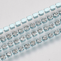 Pale Turquoise Electrophoresis Iron Rhinestone Strass Chains, Crystal Rhinestone Cup Chains, with Spool, Pale Turquoise, SS8.5 Rhinestone, 2.4~2.5mm, about 10yards/roll
