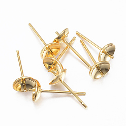 Real 24K Gold Plated 304 Stainless Steel Post Stud Earring Settings For Half Drilled Beads, Real 24K Gold Plated, 13.5x6mm, Tray: 5.5mm, Pin: 0.8mm
