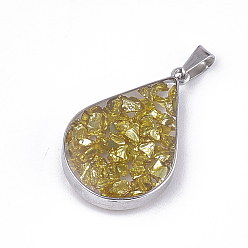 Natural Gemstone Natural Gemstone Pendants, with Glass and 304 Stainless Steel Findings, teardrop, Stainless Steel Color, 26.5~27x17~17.5x6.5~7mm, Hole: 3x5.5mm