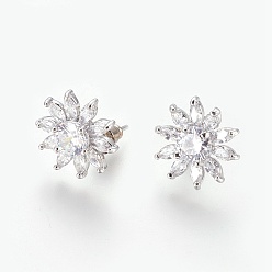 Platinum Cubic Zirconia Stud Earrings, with Brass Findings, Flower, Clear, Platinum, 14x4.5mm, Pin: 0.7mm