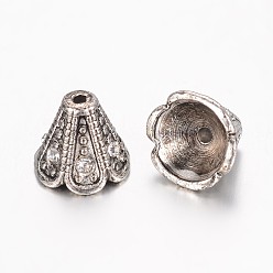 Antique Silver Tibetan Style Alloy Bead Caps, with Rhinestone, 4-Petal Flower, Antique Silver, 10.5x9mm, Hole: 1mm