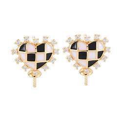 Black Brass Micro Pave Clear Cubic Zirconia Stud Earring Findings, with Enamel, for Half Drilled Beads, Nickel Free, Heart, Real 18K Gold Plated, Black, 14.5x12mm, Pin: 0.6mm, pin: 0.6mm(for half drilled beads)