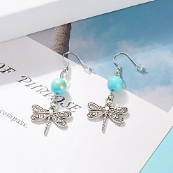 Turquoise Round Natural Mashan Jade with Alloy Dragonfly Dangle Earrings, Brass Earrings for Women, Turquoise, 50mm, Pin: 0.6mm