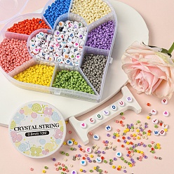 Mixed Color DIY Letter & Seed Beads Bracelet Making Kit, Including 8/0 Baking Paint Glass Seed Beads, Flat Round Acrylic Beads and Elastic Crystal Thread, Mixed Color, Beads: 3845pcs/box