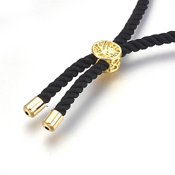 Black Cotton Cord Bracelet Making, with Brass Findings, Flat Round with Tree of Life, Real 18K Gold Plated, Black, 8-5/8 inch(22cm), Hole: 2mm
