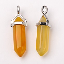Natural Agate Natural Agate Double Terminated Pointed Pendants, with Random Alloy Pendant Hexagon Bead Cap Bails, Bullet, Platinum, 37~40x12mm, Hole: 3mm