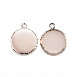 Rose Gold Ion Plating(IP) 304 Stainless Steel Pendant Cabochon Settings, Plain Edge Bezel Cups, Flat Round, Rose Gold, Tray: 12mm, 16.5x13.5x2mm, Hole: 1.8mm