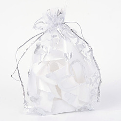 White Heart Printed Organza Bags, Gift Bags, Rectangle, White, 14x10cm
