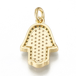 Golden Brass Micro Pave Cubic Zirconia Pendants, with Jump Rings, Hamsa Hand/Hand of Fatima /Hand of Miriam, Golden, 18x12x2mm, Hole: 3mm