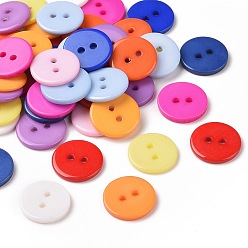Mixed Color Acrylic Shirt Buttons, 2-Hole, Dyed, Flat Round, Mixed Color, 15x1.5mm, Hole: 2mm