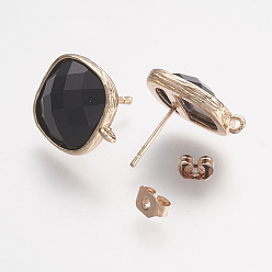 Black Brass Micro Pave Cubic Zirconia Stud Earring Findings, with Loop, Glass, Faceted, Square, Light Gold, Black, 17mm, Hole: 1mm, Pin: 0.7mm