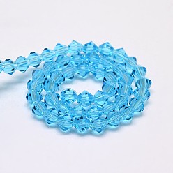 Deep Sky Blue Imitate Austrian Crystal Bicone Glass Beads Strands, Grade AA, Faceted, Deep Sky Blue, 3x3.5mm, Hole: 0.8mm, about 120~125pcs/strand, 14.8 inch