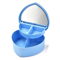 Bleu Ciel Clair Boîtes à bijoux en plastique coeur, double couche avec couvercle et miroir, lumière bleu ciel, 12.2x13.3x5.55 cm, 4 compartiments / boîte