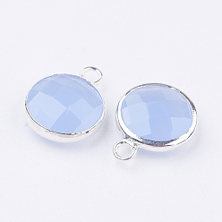 Cornflower Blue Silver Color Plated Brass Glass Flat Round Charms, Faceted, Cornflower Blue, 12x8.5x3mm, Hole: 1.5mm