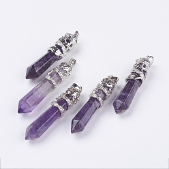 Amethyst Natural Amethyst Big Pointed Pendants, with Alloy Findings, Faceted, Bullet, Platinum, 59~63x11~12mm, Hole: 4x7mm