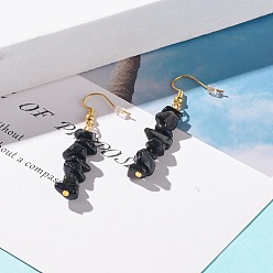 Obsidian Natural Obsidian Chip Beaded Dangle Earrings, Gemstone Drop Earrings for Women, Brass Jewelry, Golden, 50~54x7~11.5x5~8mm, Pin: 0.7mm
