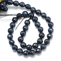 Bleu De Prusse Blanc brins de perles de jade naturels, teint, facette, ronde, null, 8~9mm, Trou: 1mm, Environ 46 pcs/chapelet, 14.76~14.96 pouce (37.5~38 cm)