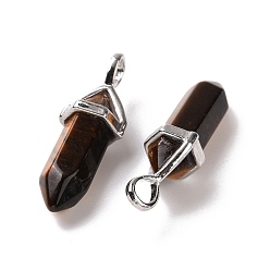 Tiger Eye Natural Tiger Eye Pendants, Faceted, with Platinum Tone Brass Findings, Lead free & Cadmium Free, Bullet, 27~30x9~10x7~8mm, Hole: 4x3mm