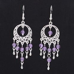 Amethyst Natural Amethyst Chandelier Earrings, with Alloy Findings and Brass Earring Hooks, Silver Color Plated, 67mm, Pin: 0.7mm