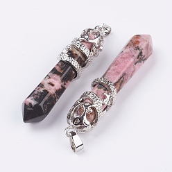 Rhodonite Natural Rhodonite Big Pointed Pendants, with Alloy Findings, Faceted, Bullet, Platinum, 59~63x11~12mm, Hole: 4x7mm