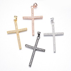 Mixed Color Brass Micro Pave Cubic Zirconia Pendants, Cross, Lead Free & Nickel Free, Mixed Color, 37x23x2mm, Hole: 5x3.5mm