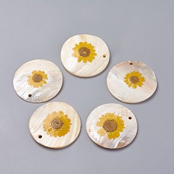 Coquillage D'eau Douce Pendentifs de coquillages d'eau douce, avec des fleurs séchées, plat rond, 50~51x2~6mm, Trou: 2.5~3mm